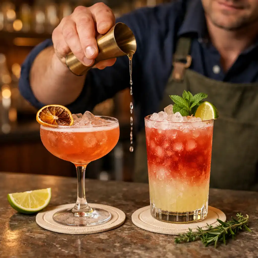 Barman przygotowujący koktajl i napój bezalkoholowy na kamiennym blacie