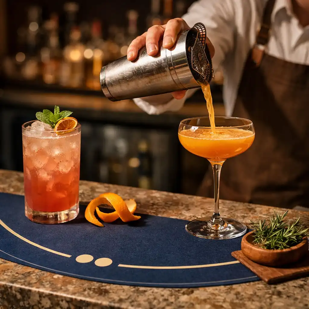 Barman nalewający koktajl przy kamiennym barze, obok widoczny napój bezalkoholowy