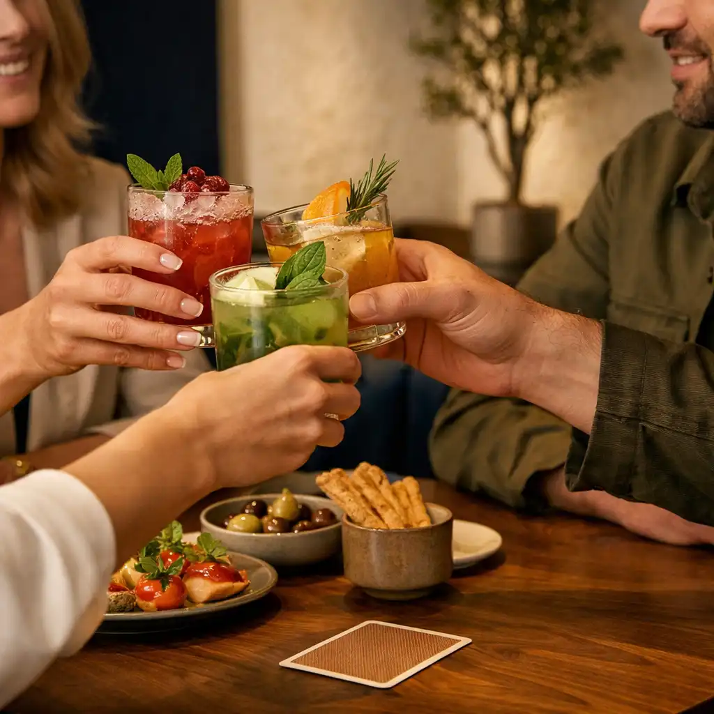 Goście rozmawiają przy stole i wznoszą niskie szklanki z napojami w ciepłym świetle restauracji
